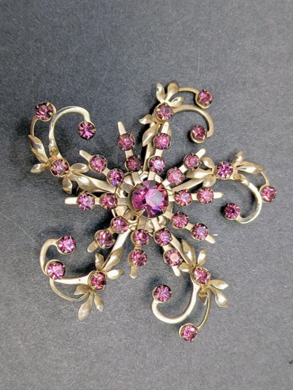 Vintage Pink Rhinestone Starburst Brooch Gold Tone Floral Scroll Statement Pin